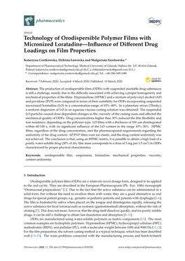 Technology of Orodispersible Polymer Films with Micronized Loratadine—Inﬂuence of Diﬀerent Drug Loadings on Film Properties