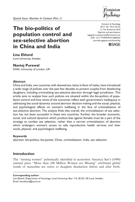 The Bio-Politics of Population Control and Sex-Selective Abortion in China