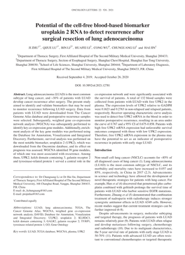 Potential of the Cell‑Free Blood‑Based Biomarker Uroplakin 2 RNA to Detect Recurrence After Surgical Resection of Lung Adenocarcinoma