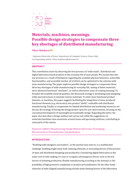 Materials, Machines, Meanings. Possible Design Strategies to Compensate Three Key Shortages of Distributed Manufacturing