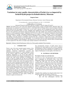 Variations in Water Quality Characteristics of Serlui River As Impacted by Serlui-B Hydel Project in Kolasib District, Mizoram