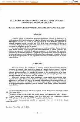 Taxonomic Diversity of Lianas and Vines in Forest Fragments of Southern Togo