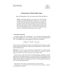 Concurrency of Four Euler Lines