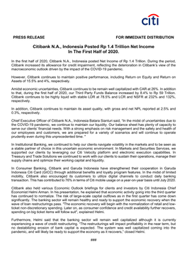 Citibank N.A., Indonesia Posted Rp 1.4 Trillion Net Income in the First Half of 2020