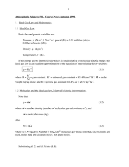 1 Atmospheric Sciences 501. Course Notes Autumn 1998. 1. Ideal Gas