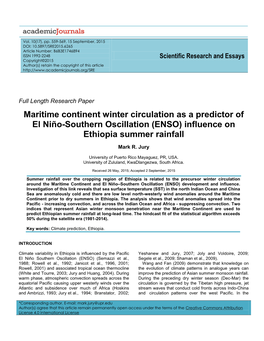 Maritime Continent Winter Circulation As a Predictor of El Niño-Southern Oscillation (ENSO) Influence on Ethiopia Summer Rainfall