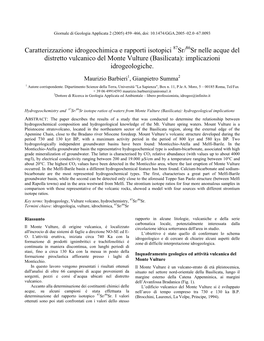 Caratterizzazione Idrogeochimica E Rapporti Isotopici 87Sr/86Sr Nelle Acque Del Distretto Vulcanico Del Monte Vulture (Basilicata): Implicazioni Idrogeologiche