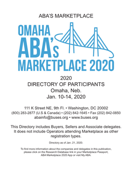 ABA's MARKETPLACE 2020 DIRECTORY of PARTICIPANTS Omaha, Neb. Jan. 10-14, 2020
