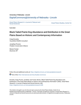 Black-Tailed Prairie Dog Abundance and Distribution in the Great Plains Based on Historic and Contemporary Information