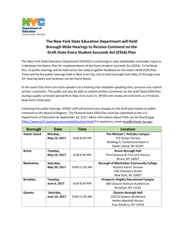 The New York State Education Department Will Hold Borough-Wide Hearings to Receive Comment on the Draft State Every Student Succeeds Act (ESSA) Plan