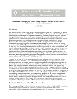 Pollination of Western Prairie Fringed Orchid, Platanthera Praeclara Sheviak & Bowles: Implications for Restoration and Management