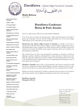 Darulfatwa Condemns Beirut & Paris Attacks