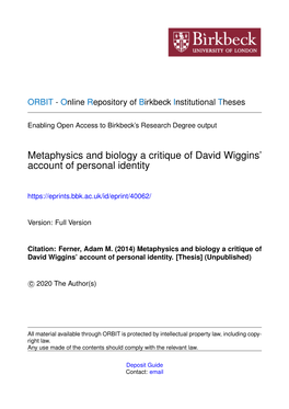 Metaphysics and Biology a Critique of David Wiggins' Account of Personal