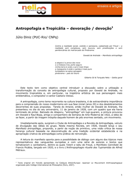 Antropofagia E Tropicália – Devoração / Devoção1