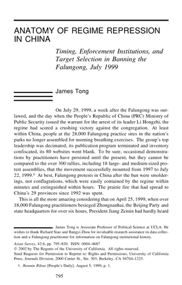 Timing, Enforcement Institutions, and Target Selection in Banning the Falungong, July 1999