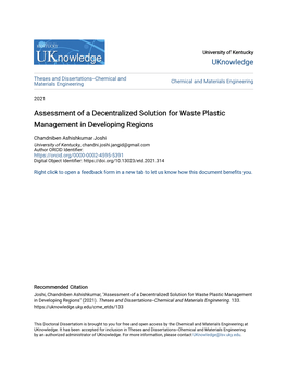 Assessment of a Decentralized Solution for Waste Plastic Management in Developing Regions