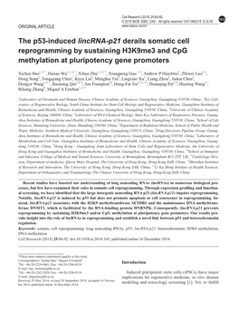 The P53-Induced Lincrna-P21 Derails Somatic Cell Reprogramming by Sustaining H3k9me3 and Cpg Methylation at Pluripotency Gene Promoters