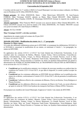 COMMUNE DE NOISY-RUDIGNON (Seine-Et-Marne) SEANCE DU CONSEIL MUNICIPAL DU 01 OCTOBRE 2019 À 20H30 Convocation Du 24 Septembre 2019