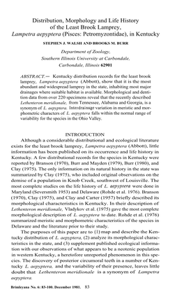 Distribution, Morphology and Life History of the Least Brook Lamprey, Lampetra Aepyptera (Pisces: Petromyzontidae), in Kentucky