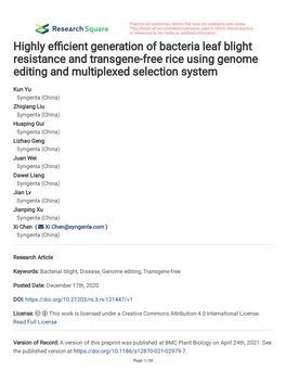 Highly E Cient Generation of Bacteria Leaf Blight Resistance and Transgene