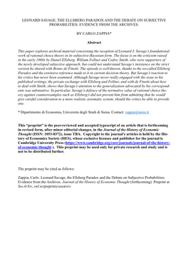 Leonard Savage, the Ellsberg Paradox and the Debate on Subjective Probabilities: Evidence from the Archives