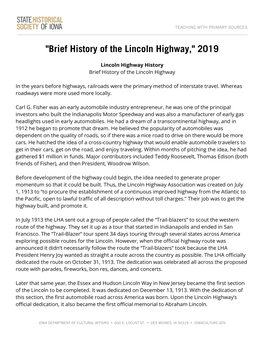 Brief History of the Lincoln Highway,