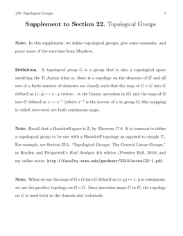 Supplement to Section 22. Topological Groups