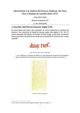 Aproximació a La Història Del Dosrius Medieval. De Duos Rios a Elisabet De Cartellà (963-1477) Josep Ramis Nieto Adosrius.Wordpress.Com (V
