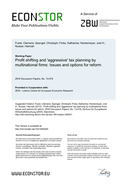 Profit Shifting and 'Aggressive' Tax Planning by Multinational Firms: Issues and Options for Reform