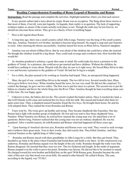 Reading Comprehension-Founding of Rome-Legend of Romulus and Remus Instructions- Read the Passage and Complete the Activities