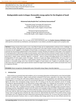 Biodegradable Waste to Biogas: Renewable Energy Option for the Kingdom of Saudi Arabia