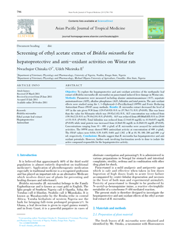 Screening of Ethyl Acetate Extract of Bridelia Micrantha for Hepatoprotective and Anti-Oxidant Activities on Wistar Rats 1 2 Nwaehujor Chinaka O *, Udeh Nkeiruka E