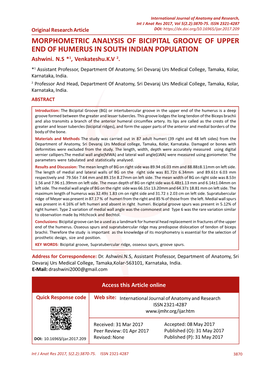 MORPHOMETRIC ANALYSIS of BICIPITAL GROOVE of UPPER END of HUMERUS in SOUTH INDIAN POPULATION Ashwini