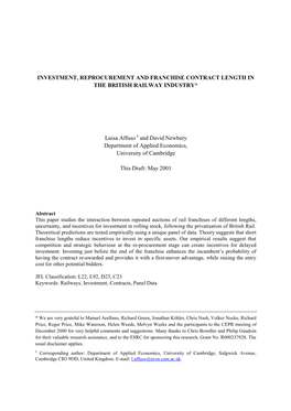 Investment, Reprocurement and Franchise Contract Length in the British Railway Industry*