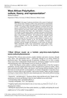 West African Polyrhythm: Culture, Theory, and Representation1 Michael Frishkopf2 Department of Music, University of Alberta, Edmonton, Alberta, Canada