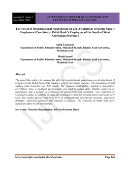 The Effect of Organizational Neuroticism on Job Attachment of Refah Bank’S Employees (Case Study: Refah Bank’S Employees of the South of West Azerbaijan Province)