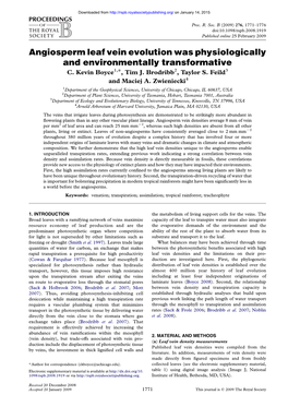 Angiosperm Leaf Vein Evolution Was Physiologically and Environmentally Transformative C
