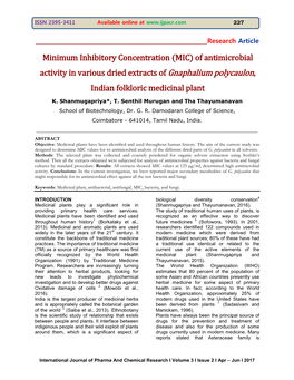 Of Antimicrobial Activity in Various Dried Extracts of Gnaphalium Polycaulon, Indian Folkloric Medicinal Plant