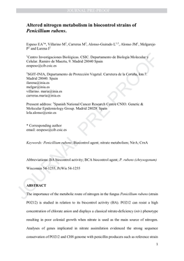 Altered Nitrogen Metabolism in Biocontrol Strains of Penicillium Rubens