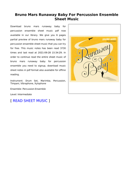 Bruno Mars Runaway Baby for Percussion Ensemble Sheet Music