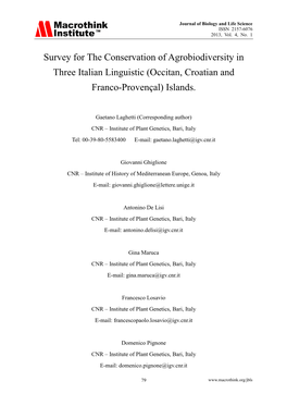 Survey for the Conservation of Agrobiodiversity in Three Italian Linguistic (Occitan, Croatian and Franco-Provençal) Islands