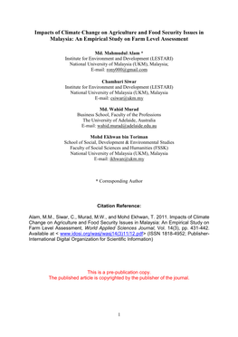 Impacts of Climate Change on Agriculture and Food Security Issues in Malaysia: an Empirical Study on Farm Level Assessment