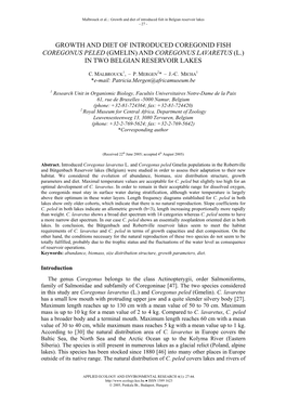 Growth and Diet of Introduced Coregonid Fish Coregonus Peled (Gmelin) and Coregonus Lavaretus (L.) in Two Belgian Reservoir Lakes