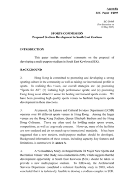 SPORTS COMMISSION Proposed Stadium Development in South East Kowloon INTRODUCTION This Paper Invites Members' Comments On