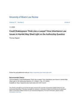 Could Shakespeare Think Like a Lawyer? How Inheritance Law Issues in Hamlet May Shed Light on the Authorship Question