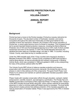 MANATEE PROTECTION PLAN for VOLUSIA COUNTY ANNUAL REPORT 2012