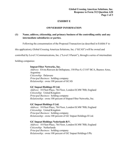 Global Crossing Americas Solutions, Inc. Response to Form 312 Question A20 Page 1 of 3