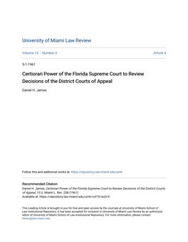 Certiorari Power of the Florida Supreme Court to Review Decisions of the District Courts of Appeal