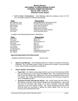 Meeting Minutes SOUTHWEST FLORIDA REGION CFASPP STEERING COMMITTEE MEETING May 20, 2008, 12:00 P.M