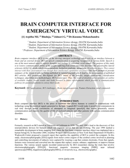 BRAIN COMPUTER INTERFACE for EMERGENCY VIRTUAL VOICE [1] Arpitha MJ, [2] Binduja, [3] Jahnavi G, [4] Dr.Kusuma Mohanchandra